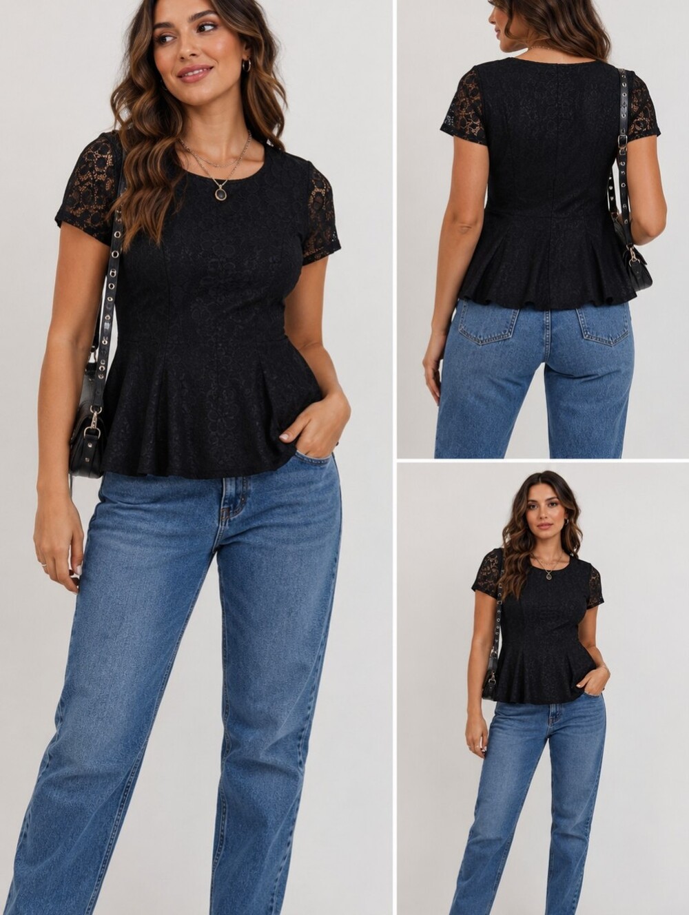 Women's Black Lace Short-Sleeve Peplum Top Baciano By Bacci Medium